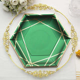 25 Pack | 9inch Hunter Emerald Green / Gold Hexagon Dinner Paper Plates, Geometric Party Plates