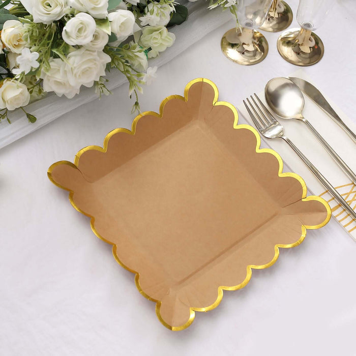 25 Pack | 9 Square Natural Brown Paper Dinner Plates With Gold Scalloped Rim, Party Plates