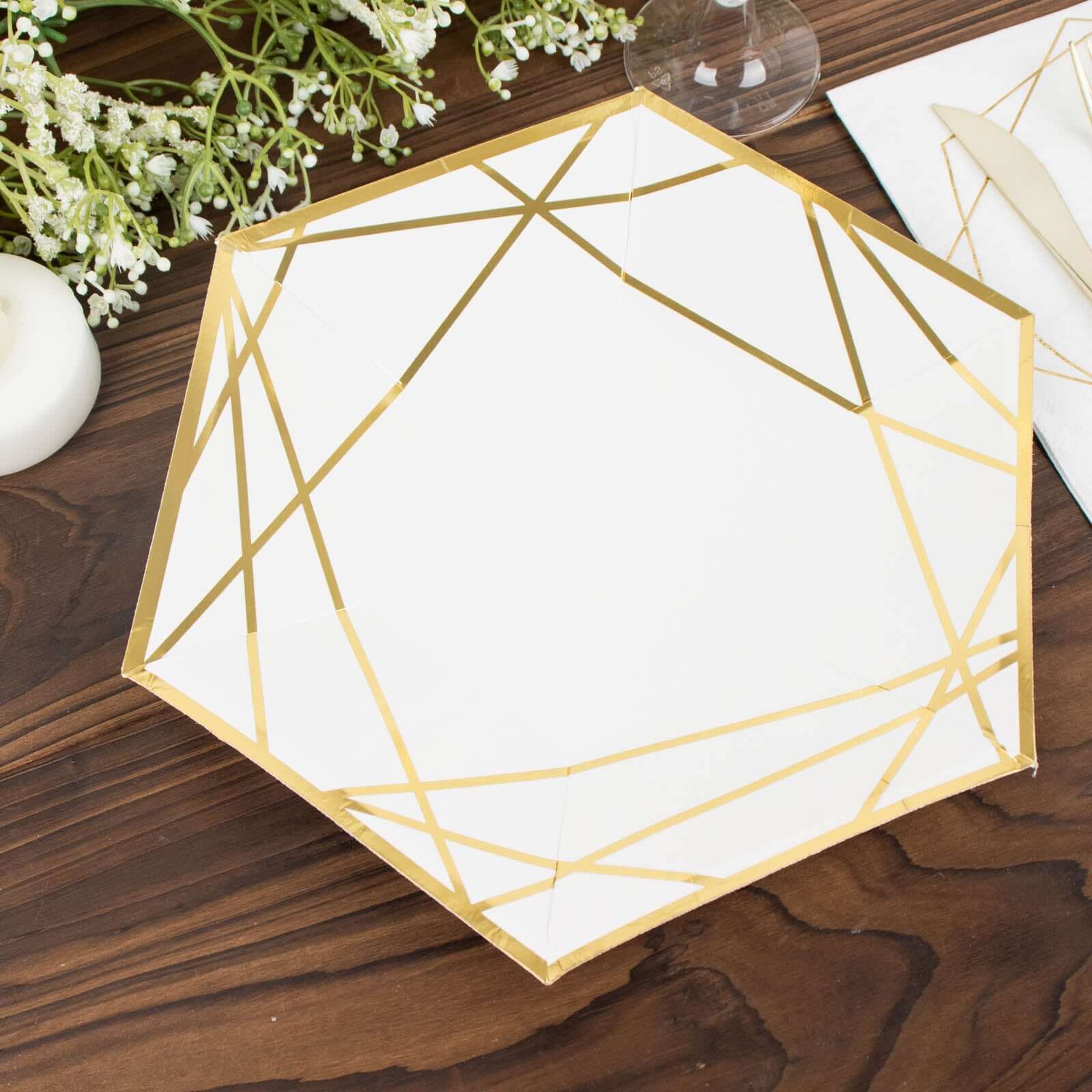25-Pack Paper 9" Hexagon Dinner Plates in White with Gold Geometric Lines & Rim