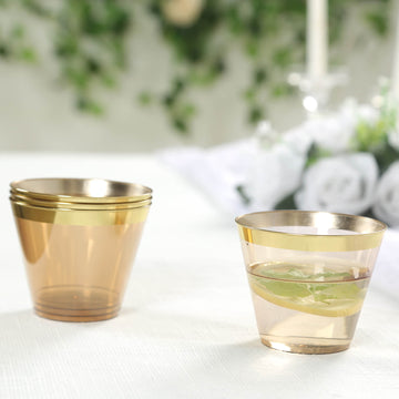 25-Pack Plastic Party Cups Transparent Amber Gold Crystal with Gold Rim - Stylish Short Disposable Glasses 9oz