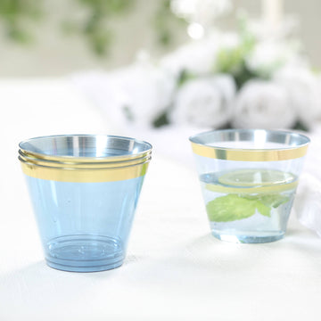 25-Pack Plastic Party Cups Transparent Dusty Blue Crystal with Gold Rim - Stylish Short Disposable Glasses 9oz