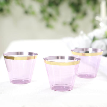 25-Pack Plastic Party Cups Transparent Purple Crystal with Gold Rim - Stylish Short Disposable Glasses 9oz