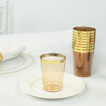 25-Pack Plastic Tumbler Cups Transparent Amber Gold with Gold Rim - Stylish Disposable Party Glasses 10oz