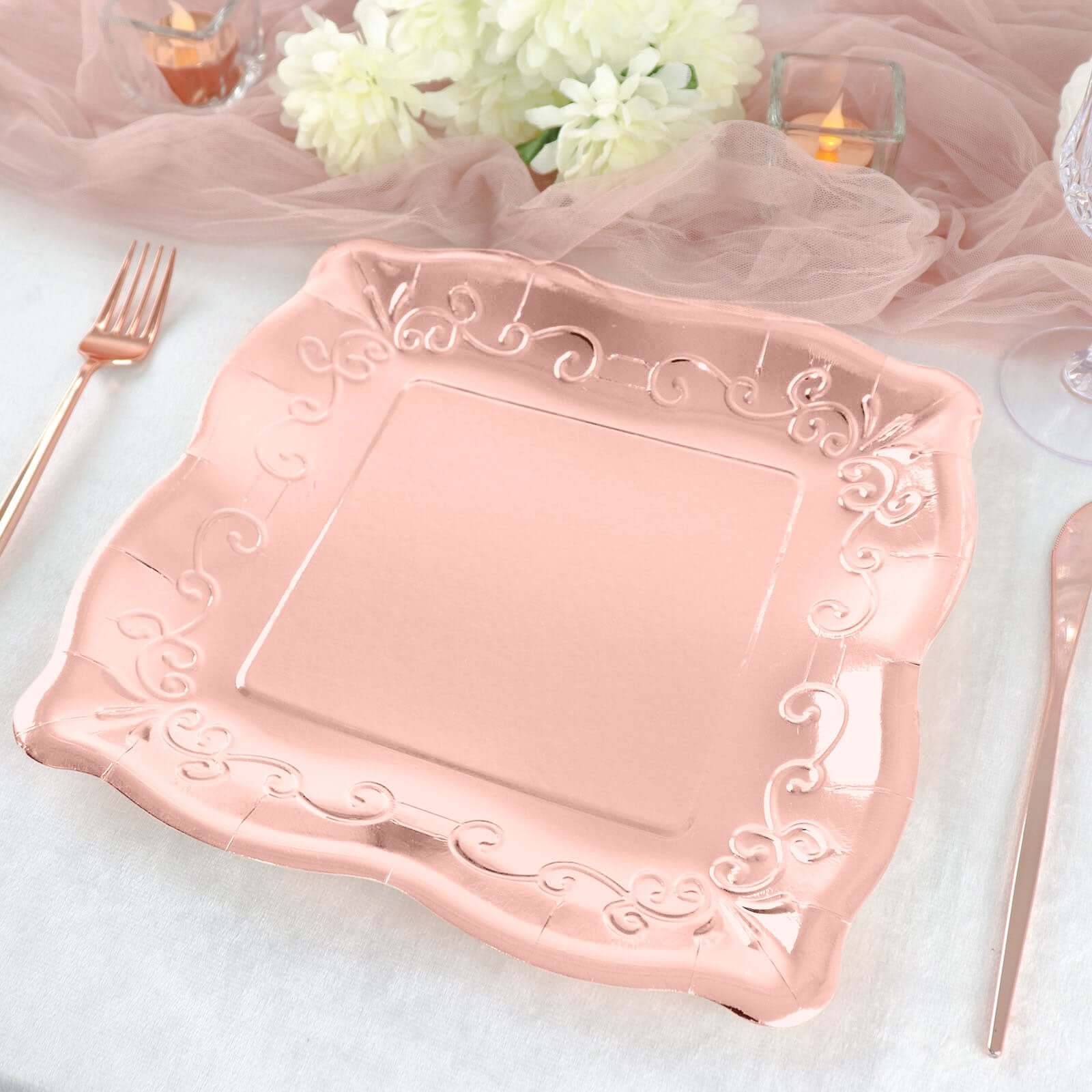 25-Pack Paper 11" Square Dinner Plates in Blush Rose Gold with Vintage Pottery Embossed Design - Shiny Metallic Disposable Serving Plates