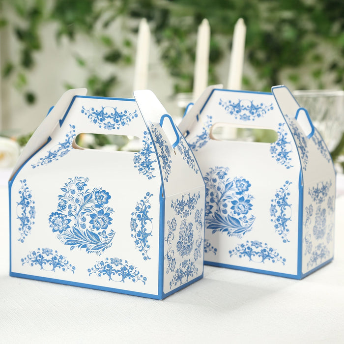 25 Pack Candy Gift Tote Gable Boxes in White Royal Blue Damask Floral Pattern, Party Favor Treat Box