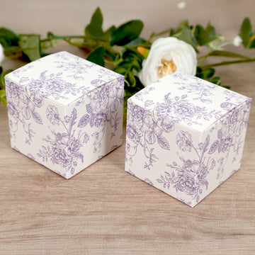 25 Pack Candy Treat Favor Boxes in French Toile Pattern - Matte Lavender and White Party Gift Boxes, Cardstock Paper - 3"x3"