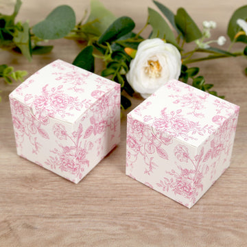 25 Pack Candy Treat Favor Boxes in French Toile Pattern - Matte Pink and White Party Gift Boxes, Cardstock Paper - 3"x3"