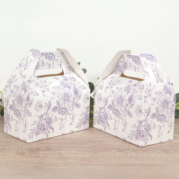 25 Pack Candy Treat Tote Boxes in French Toile Pattern - Matte Lavender and White Party Favor Gable Boxes, Cardstock Paper - 6"x3.5"x7"