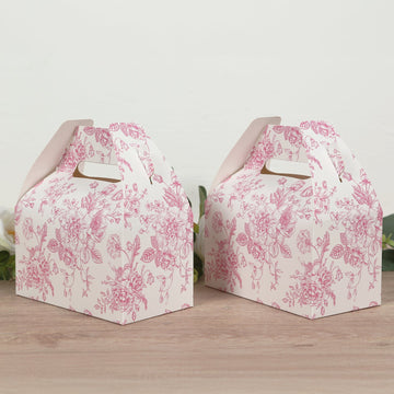 25 Pack Candy Treat Tote Boxes in French Toile Pattern - Matte Pink and White Party Favor Gable Boxes, Cardstock Paper - 6"x3.5"x7"