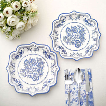 25-Pack Paper Dessert Plates in White with Light Blue Damask Floral Print & Scallop Rim - Stylish Disposable 300GSM Floral Salad Appetizer Plates 8"