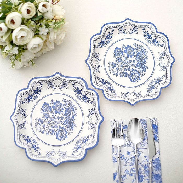 25-Pack Paper Dessert Plates in White with Light Blue Damask Floral Print & Scallop Rim