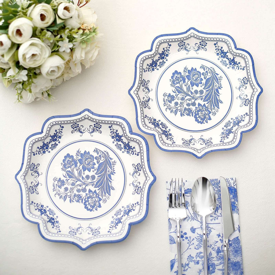 25-Pack Paper Dessert Plates in White with Light Blue Damask Floral Print & Scallop Rim