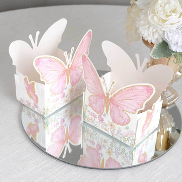 25-Pack Disposable Food Trays White/Pink Glitter Butterfly Design Cardstock - Whimsical Disposable Serving Tray Food Boats for Girls Birthday Baby Shower Party Supplies 6"x7"