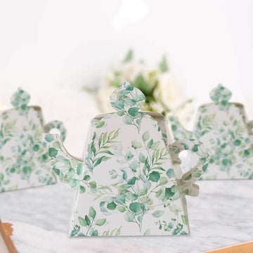 25 Pack Eucalyptus Greenery Mini Teapot Party Favor Boxes, Tea Time Gift Boxes - 5"x4"