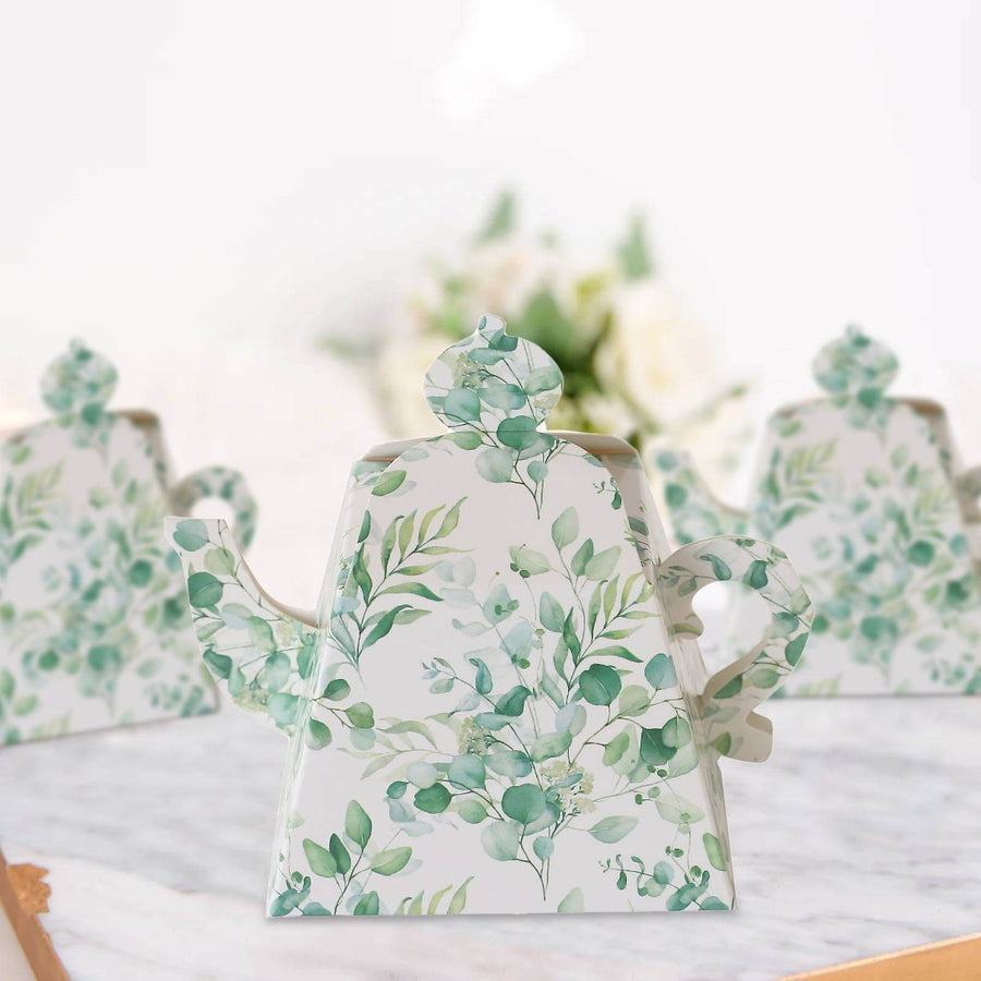 25 Pack Eucalyptus Greenery Mini Teapot Party Favor Boxes, Tea Time Gift Boxes