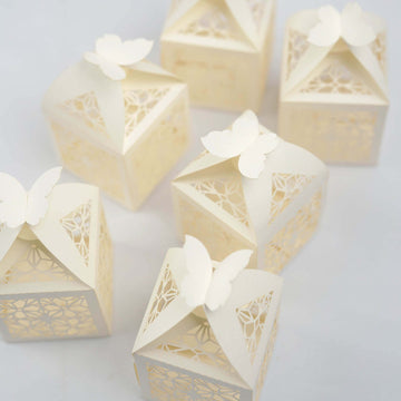 25 Pack Ivory Butterfly Top Laser Cut Lace Favor Candy Gift Boxes