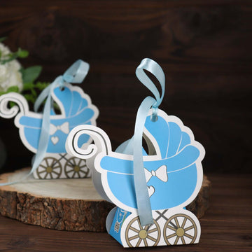 25 Pack Light Blue Baby Paper Stroller Party Favor Gift Boxes, Cardstock Carriage Candy Boxes with Ribbon Ties - 4.5"x2"x4"