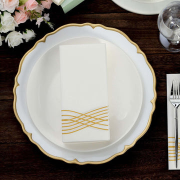 25 Pack Linen-Like Paper 8"x4" Napkins White with Metallic Gold Foil Wave Design - Soft & Absotbent Airlaid Hand Towels for Exquisite Weddings & Events