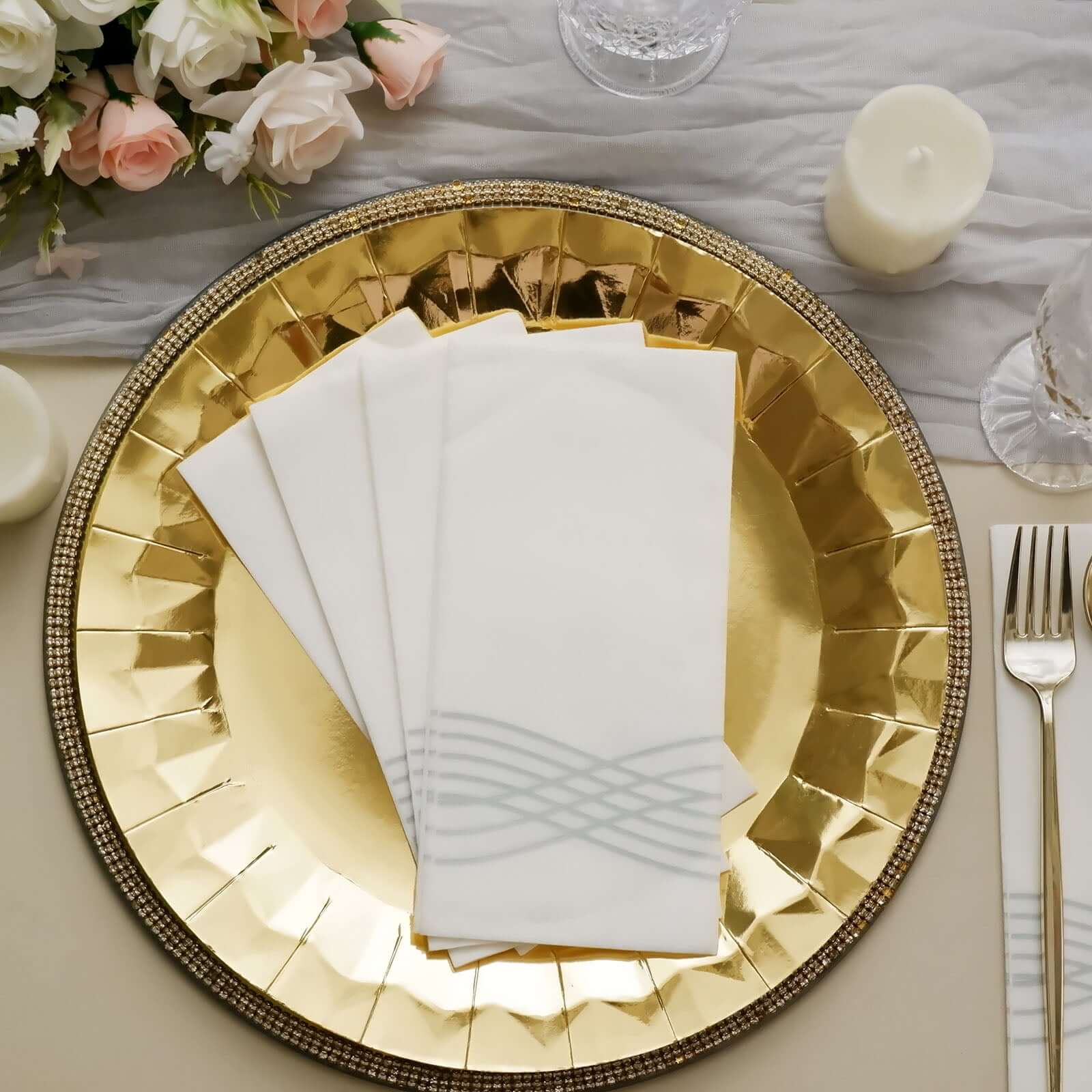 20 Pack Linen-Like Paper 8"x4" Napkins White with Metallic Silver Foil Wave Design - Soft & Absorbent Airlaid Hand Towels