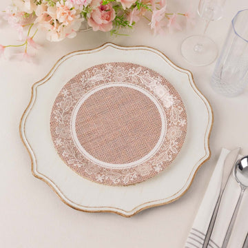 25-Pack Paper 9" Round Dinner Plates in Natural Burlap Print with White Floral Lace Rim - Rustic Farmhouse Inspired Disposable Party Plates