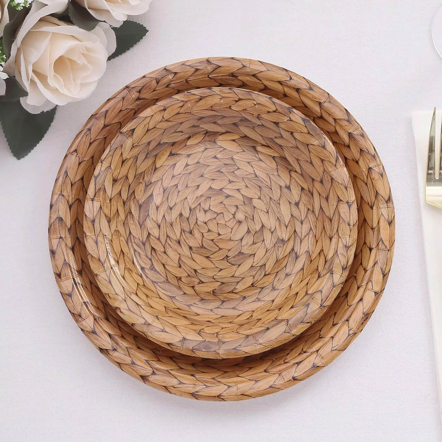 25 Pack Natural Paper Salad Plates With Woven Rattan Print