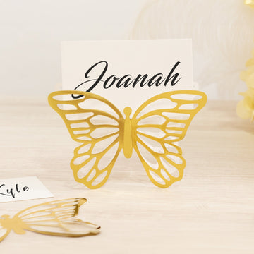 25-Pack Paper Butterfly Place Card Holders Gold with White Printable Cards - 3D Free Standing Table Number Stands 3"x5"