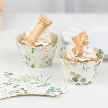 25-Pack Paper Cupcake Wrappers Eucalyptus Leaves Print White Green - Round Muffin Truffle Cup Liners 3"