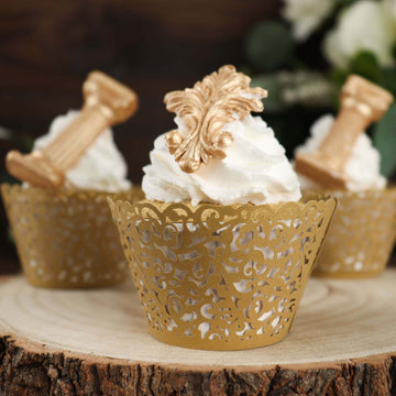 25-Pack Paper Cupcake Wrappers Lace Laser Cut Design Gold - Muffin Baking Cup Trays for Events