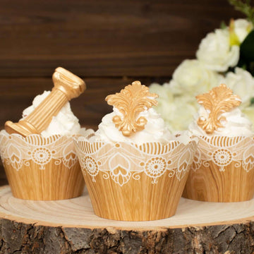 25-Pack Paper Cupcake Wrappers Wood Grain and Lace Print Design Natural - Boho Muffin Baking Cup Wraps