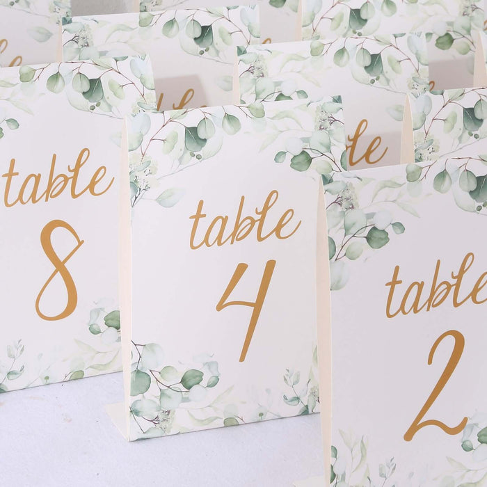 25 Pack White Green Double Sided Paper Table Sign Cards with Eucalyptus Leaves