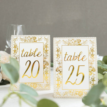 25-Pack Paper Wedding Table Numbers 1-25 White/Metallic Gold French Toile Design - Free Standing Double Sided Table Signs with Glam Gold Foil Numbers 7"