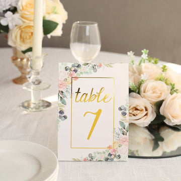 25-Pack Paper Wedding Table Numbers 1-25 White Peony Flower Design - Free Standing Double Sided Table Signs with Glam Gold Foil Numbers 7"