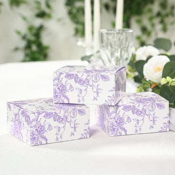 25 Pack Party Favors Boxes in French Toile Pattern, Matte Lavender and White Candy Gift Boxes - Cardstock Paper - 4"x4"x2"