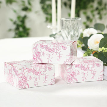 25 Pack Party Favors Boxes in French Toile Pattern, Matte Pink and White Candy Gift Boxes - Cardstock Paper - 4"x4"x2"