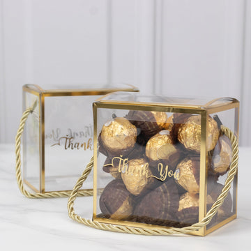 25 Pack Plastic Clear Square Gift Boxes with Gold Trim - Transparent Favor Boxes, Rope Handle, Pre-Printed Thank You Message - 4"x4"