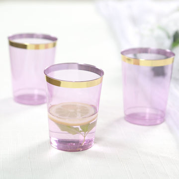 25-Pack Plastic Tumbler Cups Transparent Purple with Gold Rim - Stylish Disposable Party Glasses 10oz