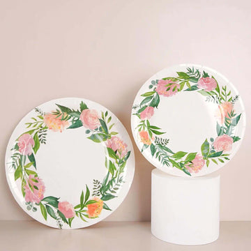 25-Pack Paper 7" Round Dessert Plates in White with Rose/Peony Flower Wreath - Disposable Appetizer Salad Plates for Special Occasions & Gatherings