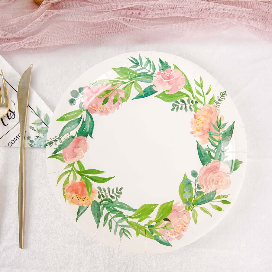 25 Pack | Rose/Peony 9inch Flower Wreath Dinner Paper Plates, Disposable Party Plates