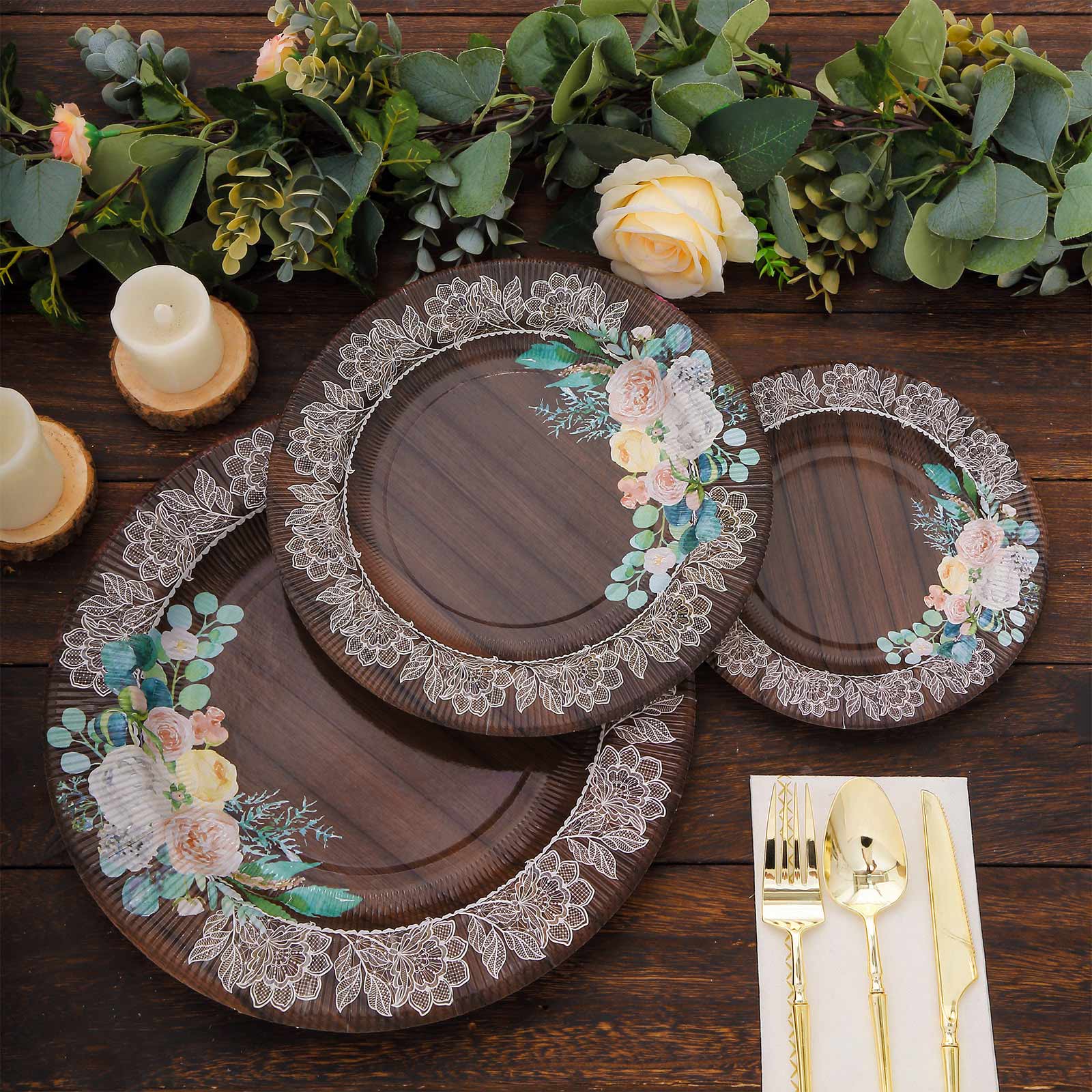 25-Pack Paper 10" Round Dinner Plates in Brown Wood Print with Floral Lace Rim - Disposable Party Plates for Farmhouse Weddings & Rustic Themes