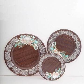 25-Pack Disposable Round Charger Plates in Brown Rustic Wood Print with Floral Lace Rim - Durable Paper Chargers for Rustic Themes & Outdoor Events 13"