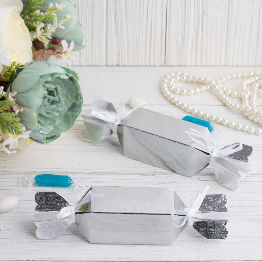 25 Pack | Silver Candy Shape W/Satin Ribbon Party Favor Gift Boxes - Clearance SALE