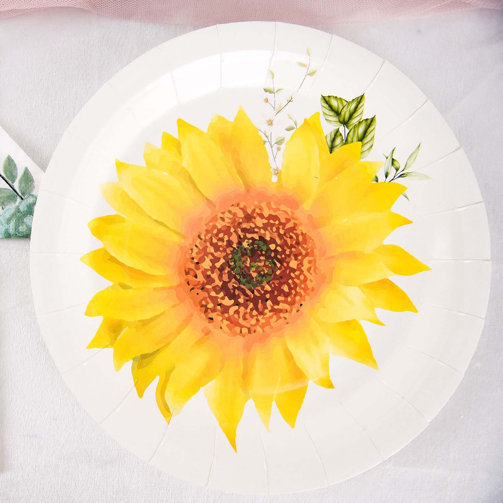 25-Pack Paper 9" Round Dinner Plates in White with Sunflower Design - Disposable Party Plates for Rustic Events & Garden Themes