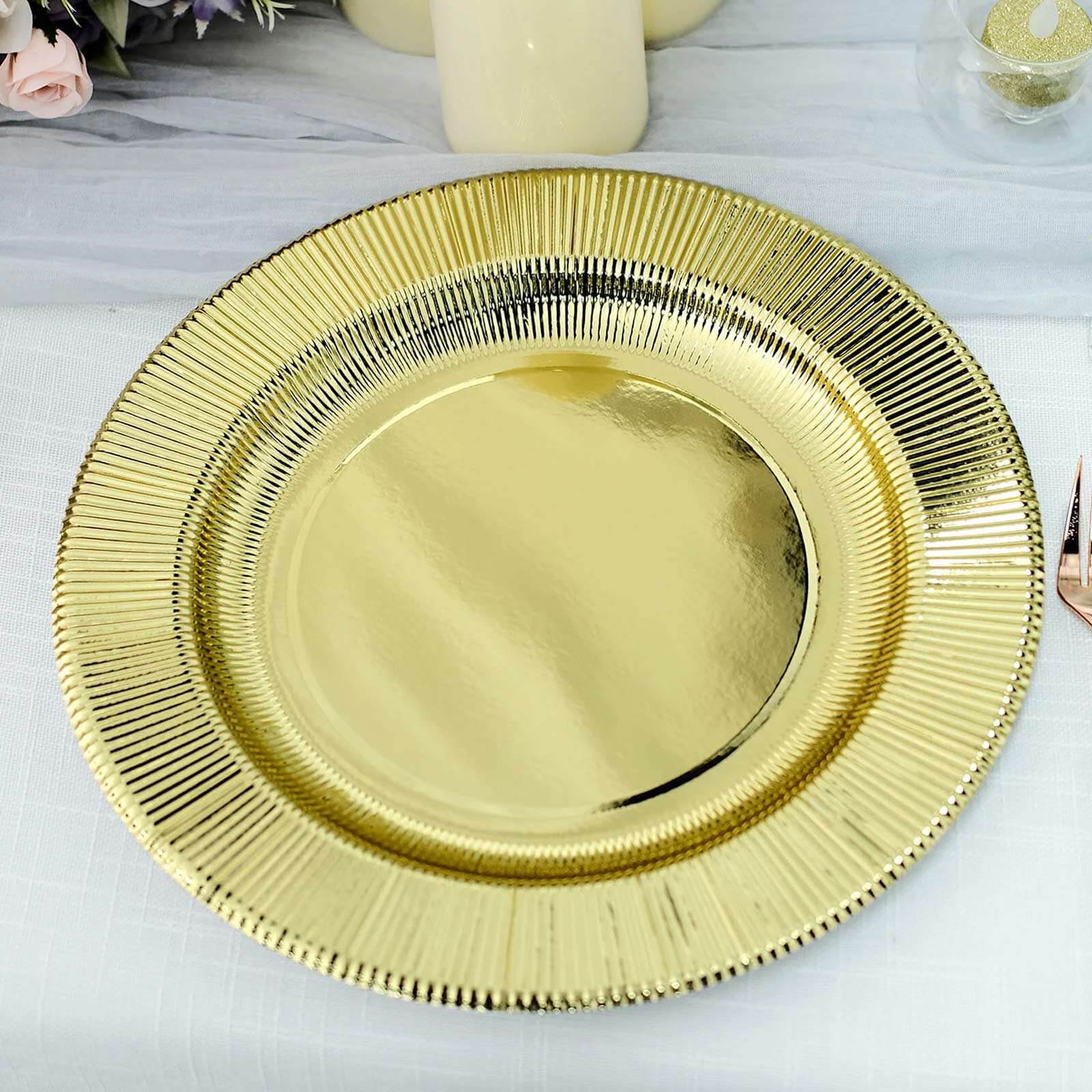 25-Pack Disposable Round Charger Plates in Metallic Gold Sunray Design - 350GSM Heavy Duty Paper Chargers for Chic Table Settings 13"