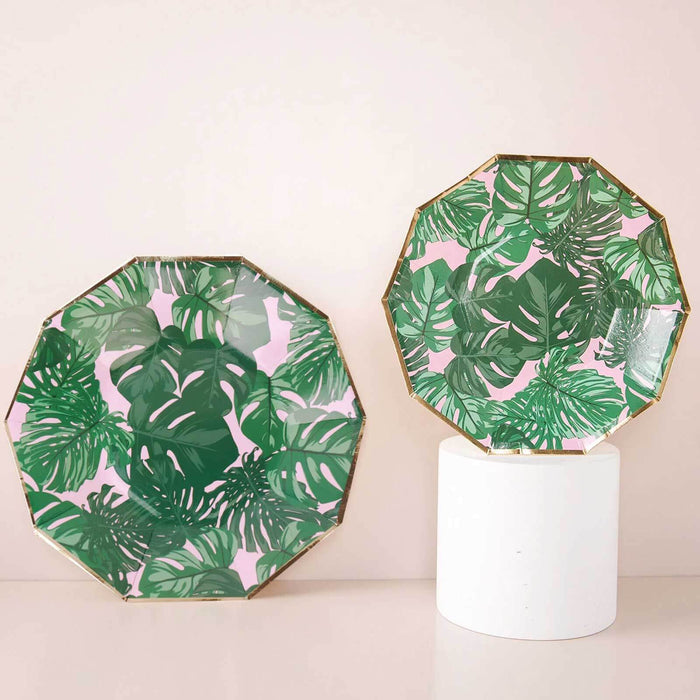 25-Pack Paper 9" Decagon Dinner Plates in Pink with Green Tropical Palm Leaves & Gold Rim - Disposable Geometric Party Plates for Luau & Summer Gatherings