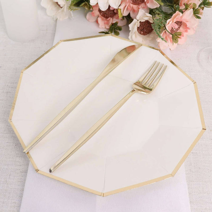 25 Pack | White 9inch Geometric Dinner Paper Plates, Disposable Plates With Gold Foil Rim