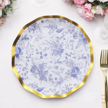 25-Pack Paper Round Dinner Plates 10" in White with Blue French Toile Pattern & Gold Wavy Rim - Disposable 350GSM Party Plates