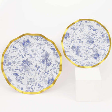 25-Pack Paper Round Dessert Plates 8" in White with Blue French Toile Pattern & Gold Wavy Rim - Disposable 350GSM Salad Plates