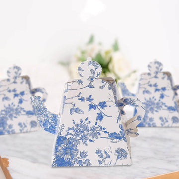 25 Pack White Blue Mini Teapot Party Favor Boxes in French Toile Pattern, Tea Time Gift Boxes - 5"x4"