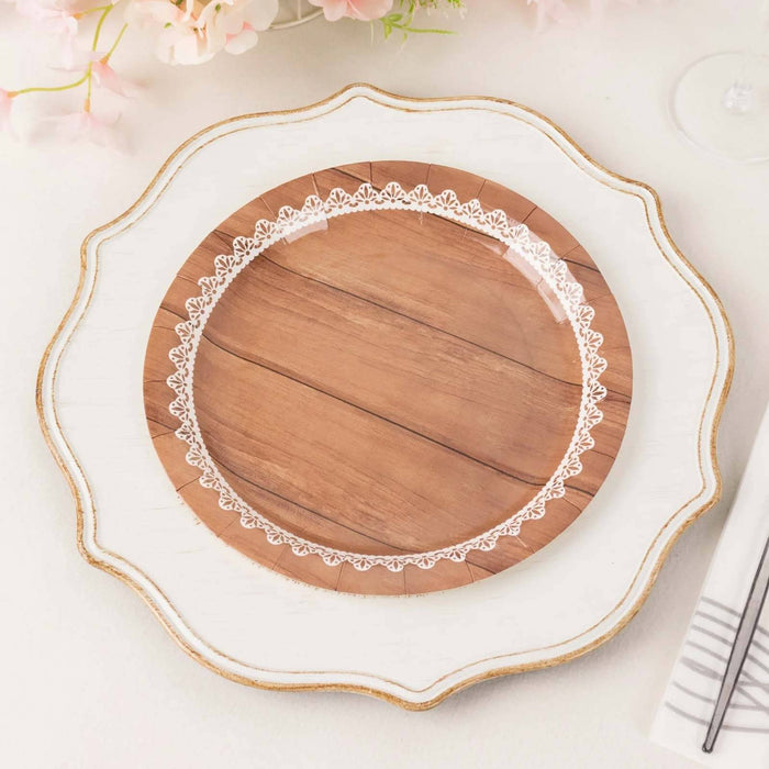 25 Pack Brown Wood Grain Print 9inch Disposable Party Plates With Floral Lace Rim, Round Paper