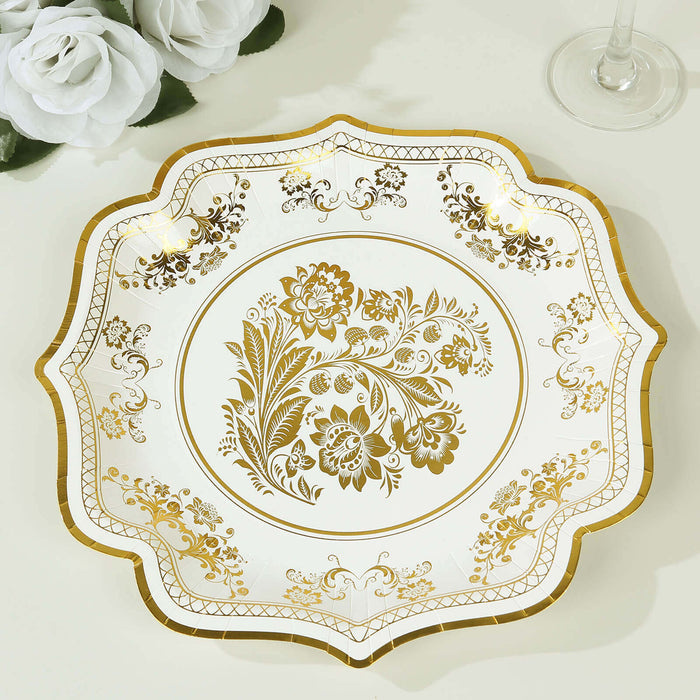 25 Pack White Gold Disposable Party Plates in French Toile Floral Pattern 10inch Paper Dinner Plate